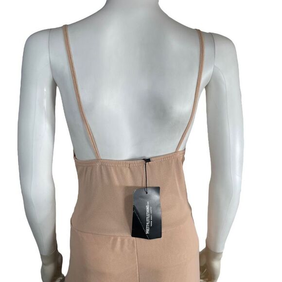 Pretty Little Thing Women’s 8 Nude Ruched Side Split Maternity MIDI Dress Mesh - Picture 8 of 10